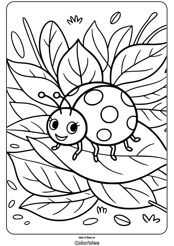 Smiling ladybug on a leaf coloring page for kids.
