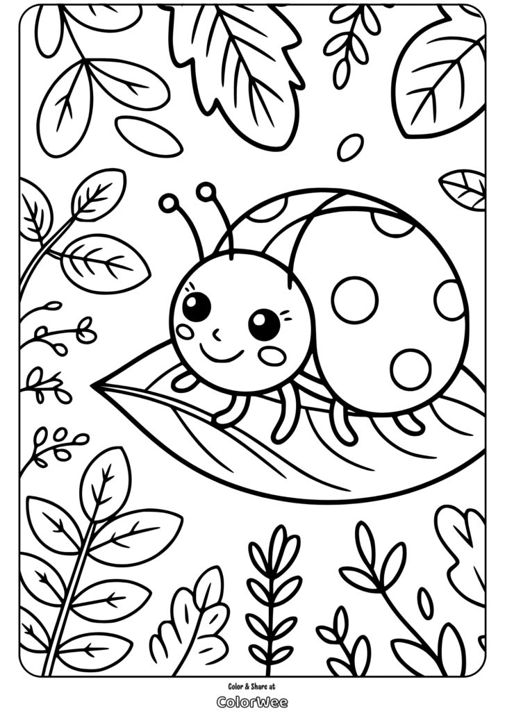 Cute ladybug on leaf coloring page for kids.