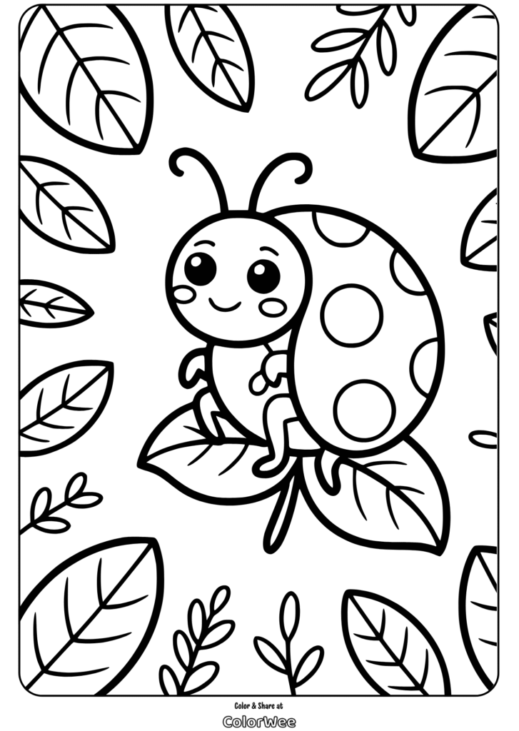 Cute ladybug on leaves coloring page for kids.