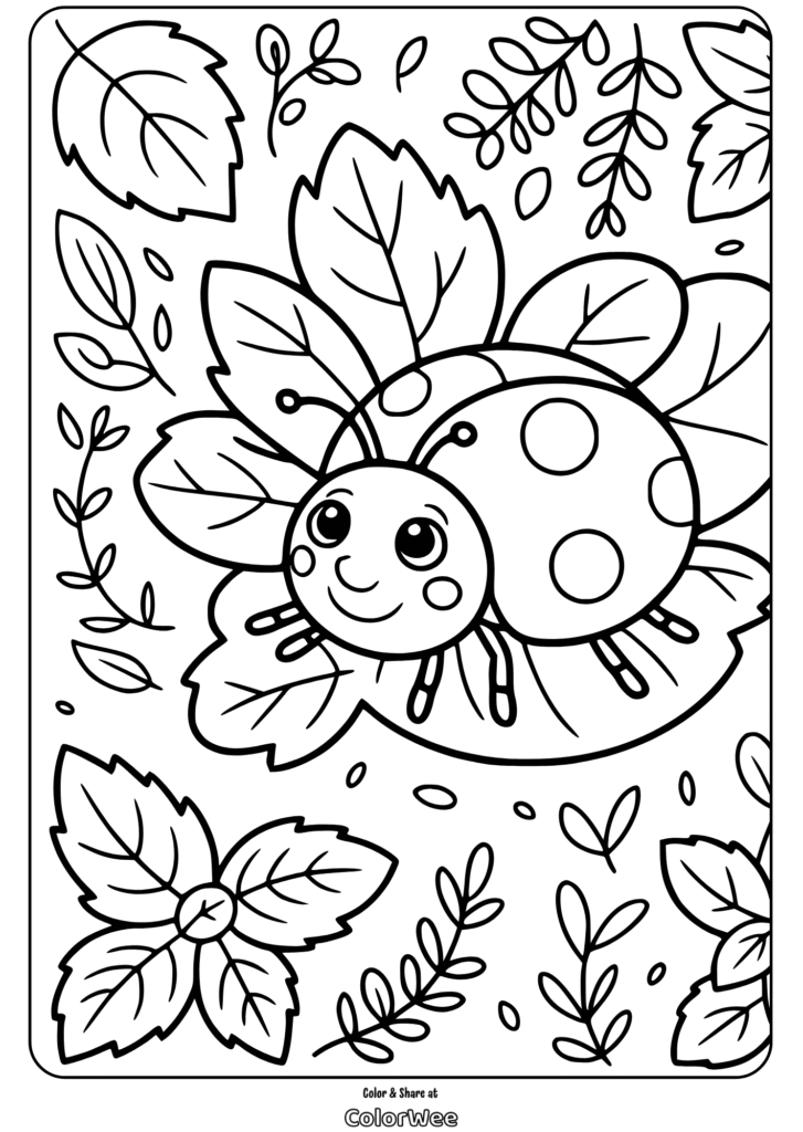 Cute ladybug on leaf coloring page for kids.