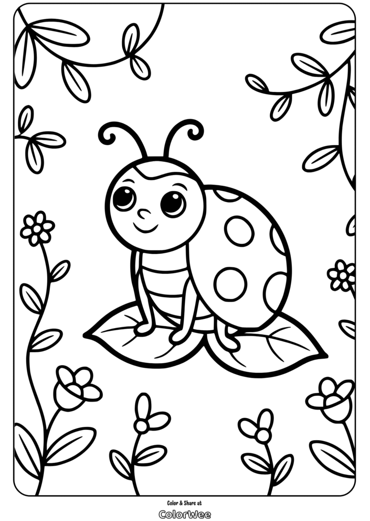 Cartoon ladybug on leaf coloring page with flowers.