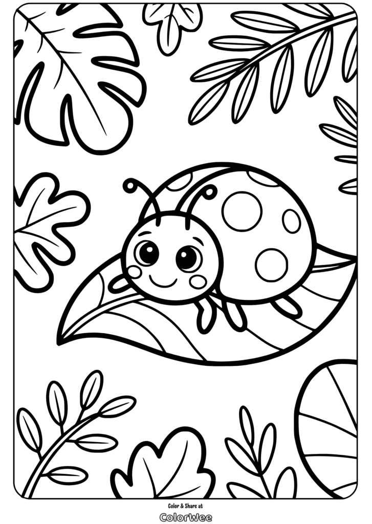 Ladybug on leaf coloring page for kids.