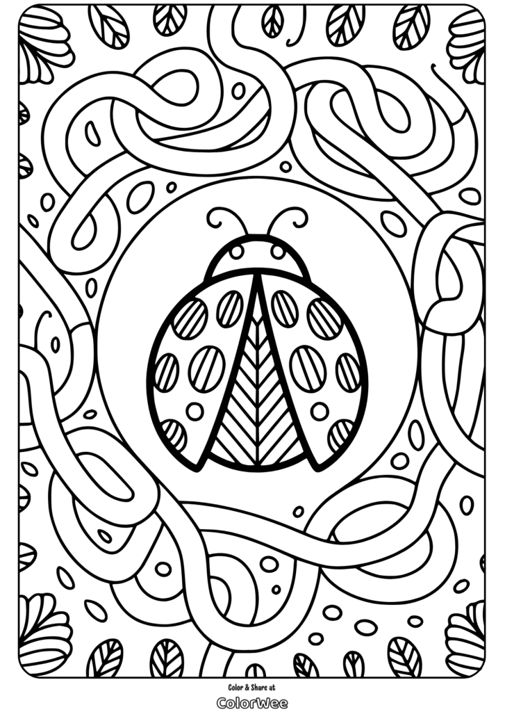 Ladybug coloring page with leaves and swirls for kids.