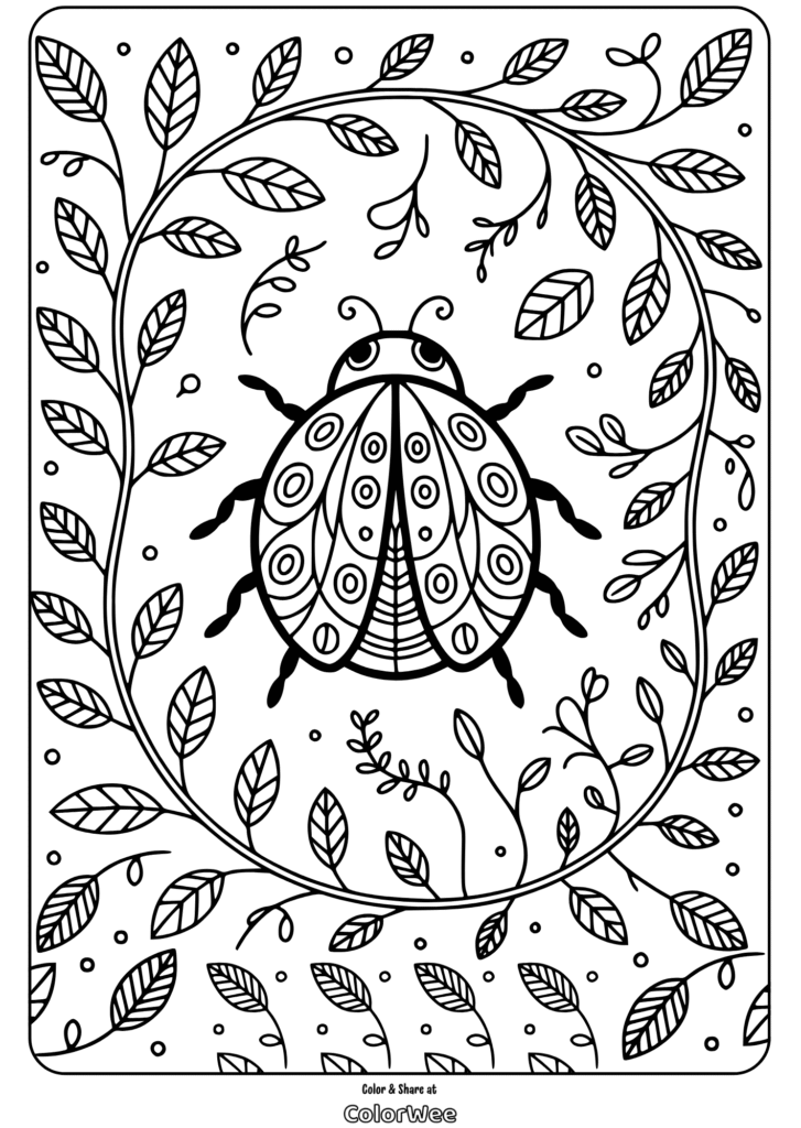 Coloring page of a ladybug with detailed leaf patterns.