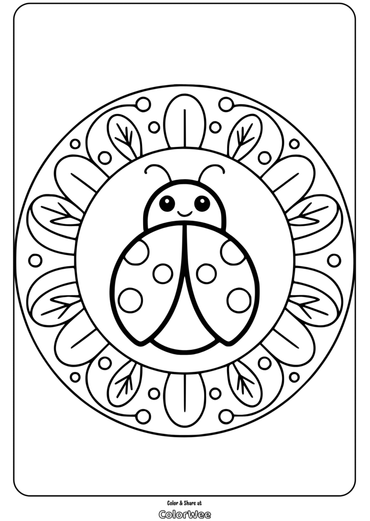 Ladybug mandala coloring page with leaves and circles.