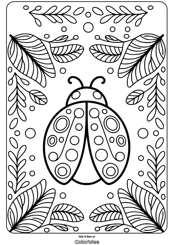 Ladybug coloring page with decorative leaves and circles.