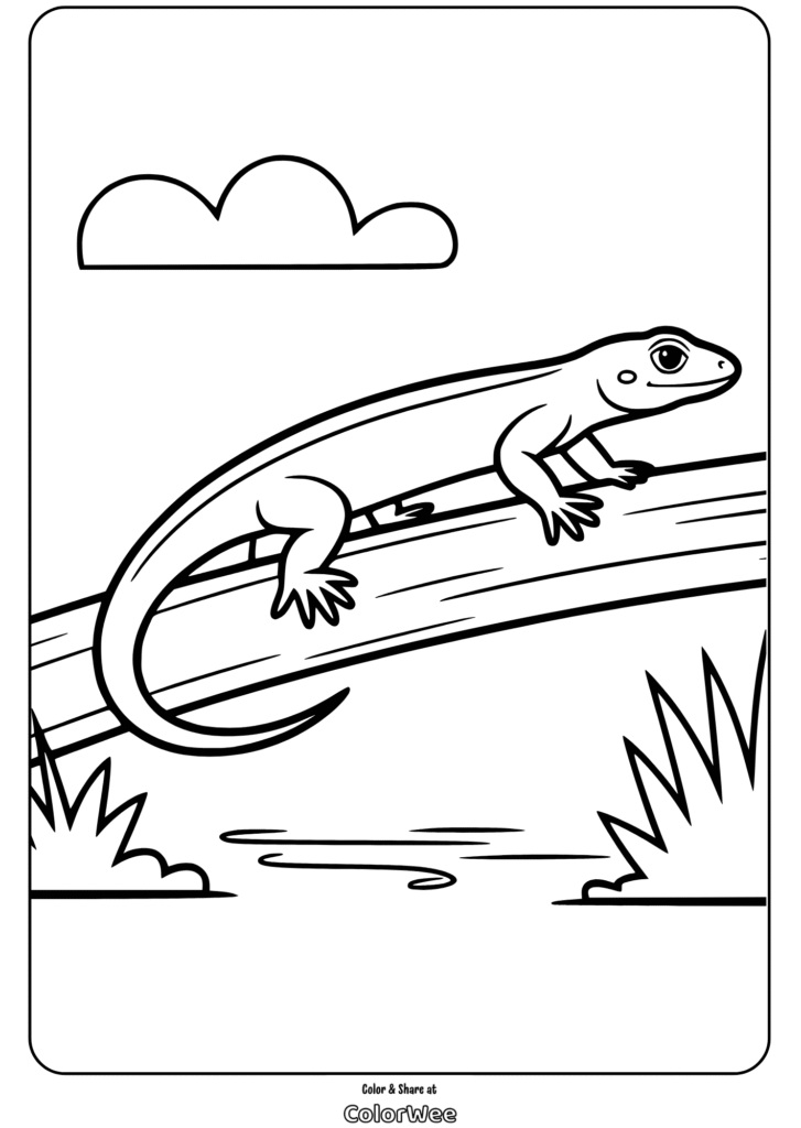 Lizard on a log coloring page with cloud and plants.