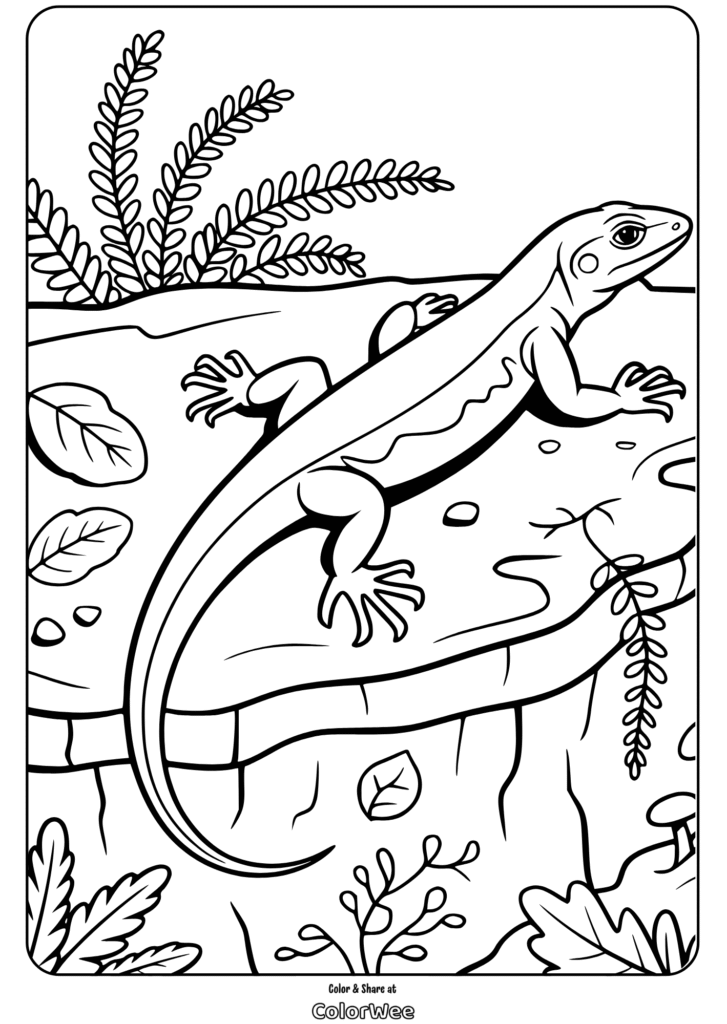 Lizard coloring page with leaves and branches, printable for kids.