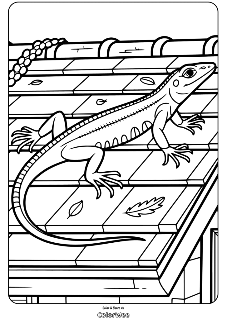 Lizard on rooftop coloring page for kids.