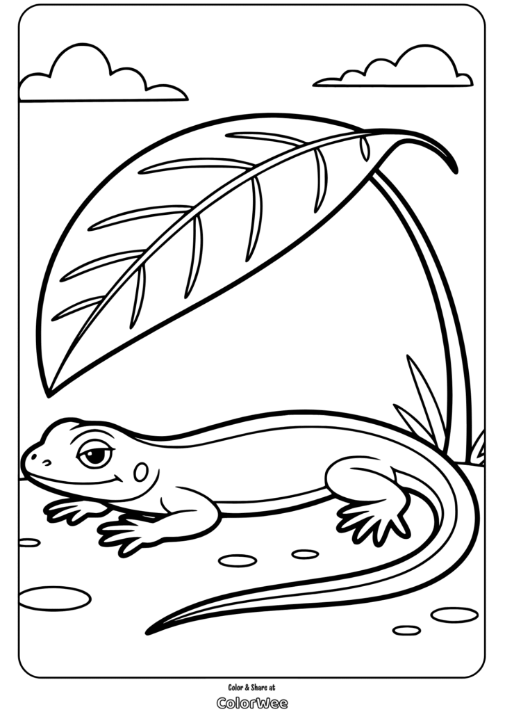Lizard under leaf coloring page with sky and clouds in background.