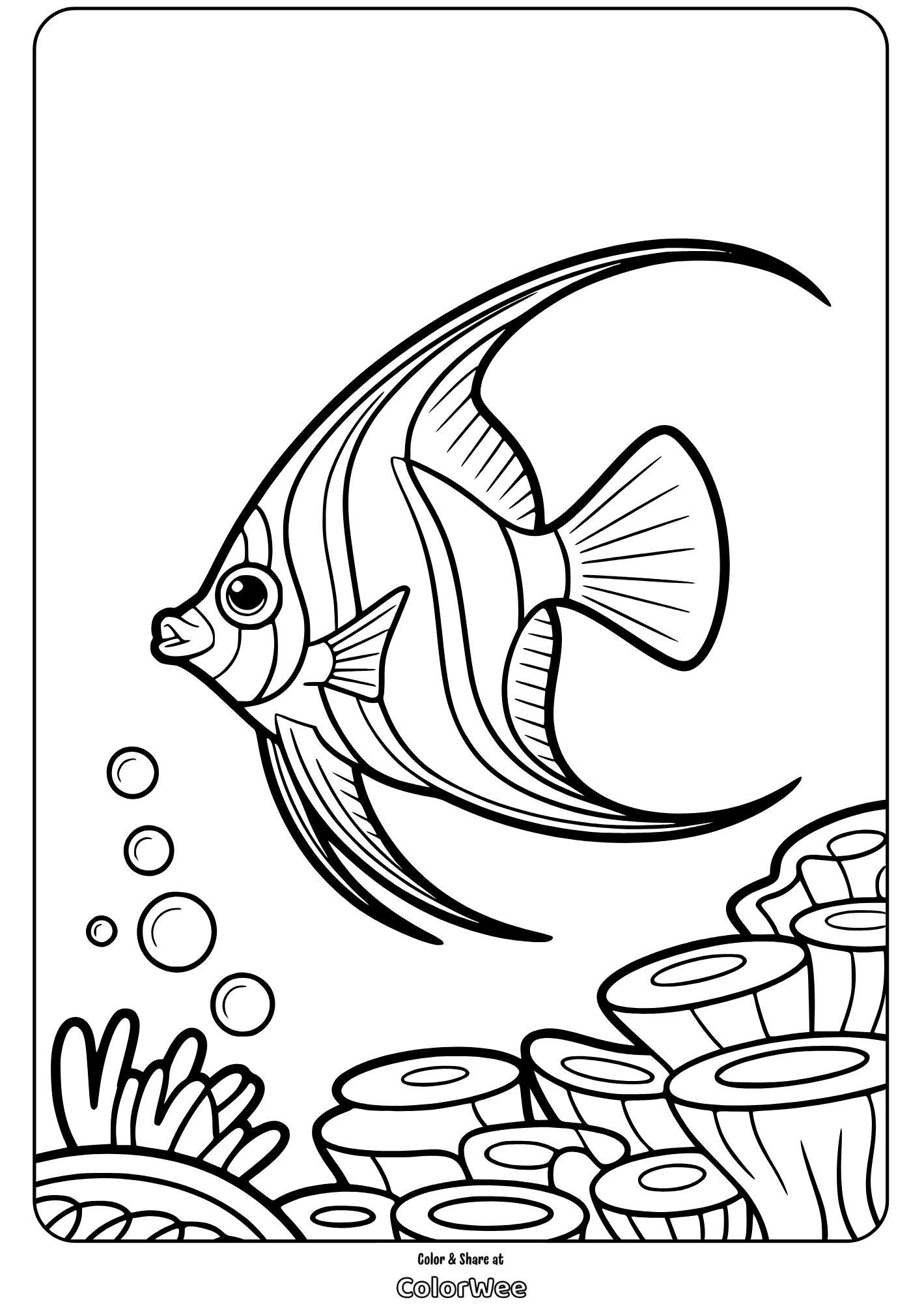Tropical fish coloring page with coral reef and bubbles.