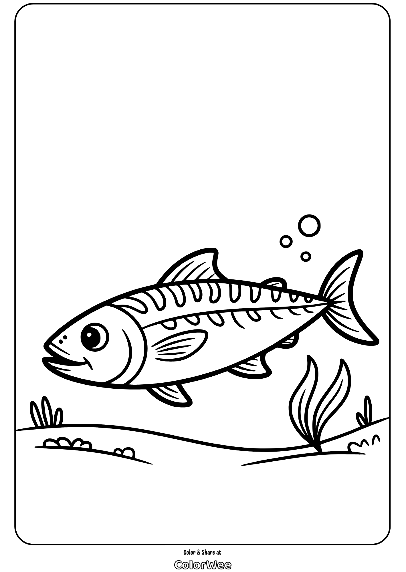 Coloring page featuring a fish in an underwater scene.