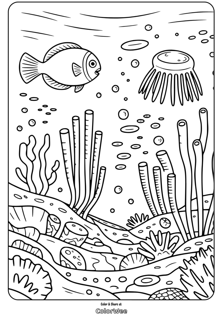 Underwater scene coloring page with fish and coral for kids.