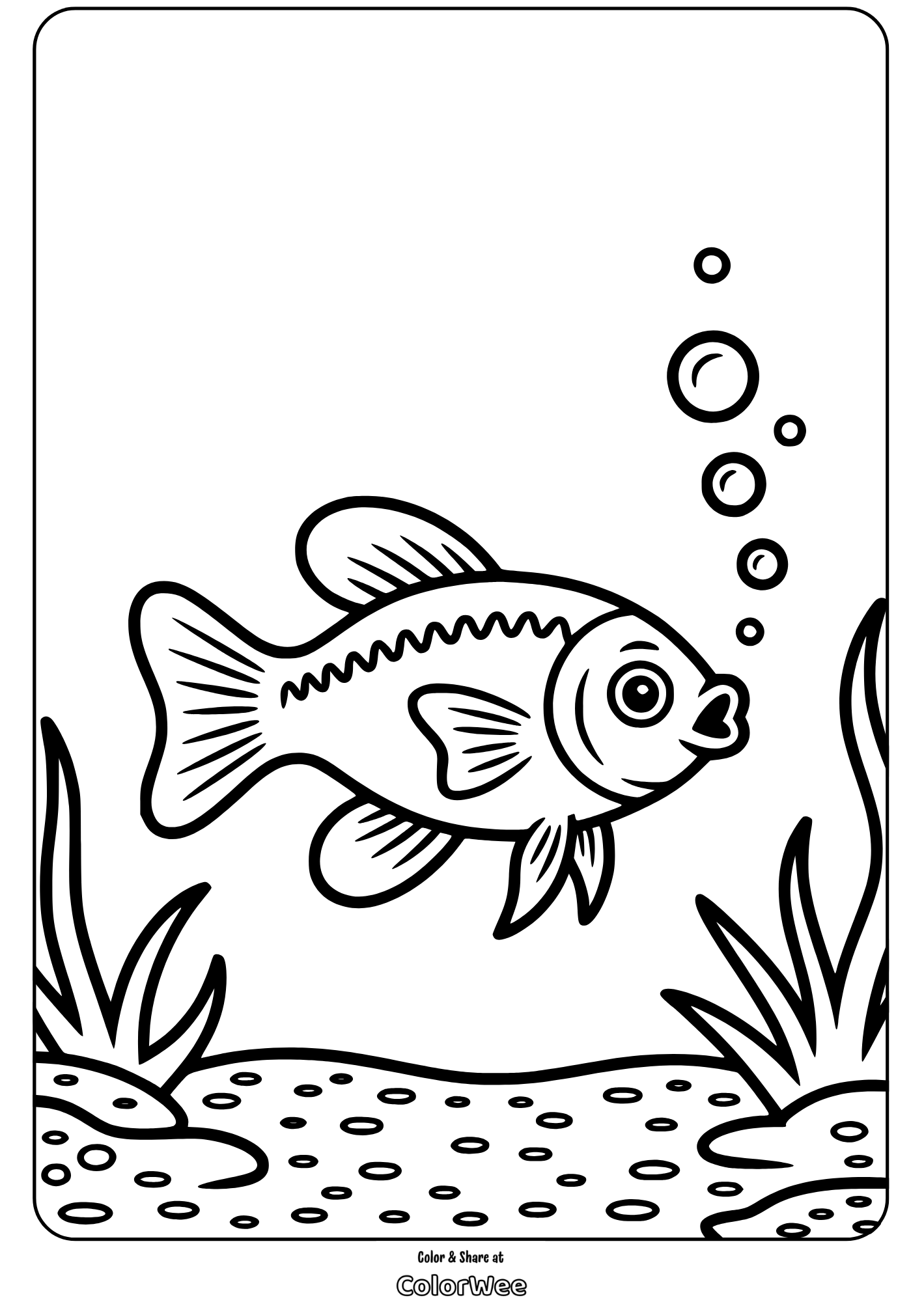 Fish coloring page with bubbles and seaweed.
