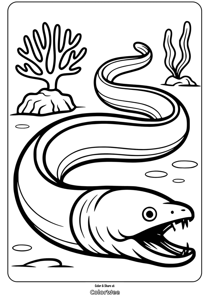 Eel coloring page with undersea plants and bubbles.