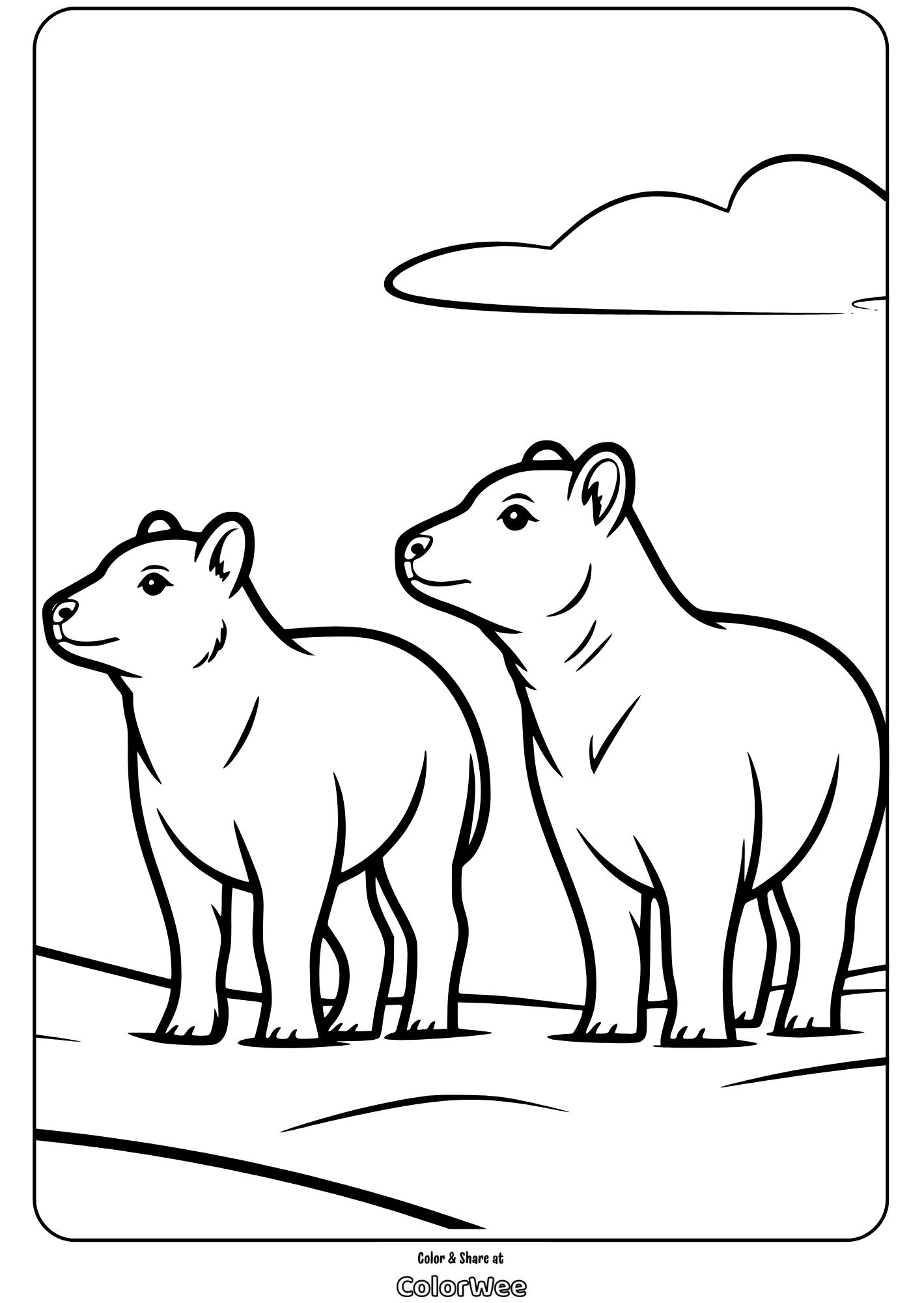 Two bears standing on a hill coloring page.