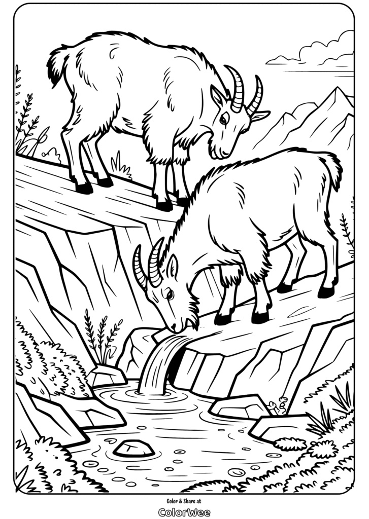 Two mountain goats by a waterfall coloring page.