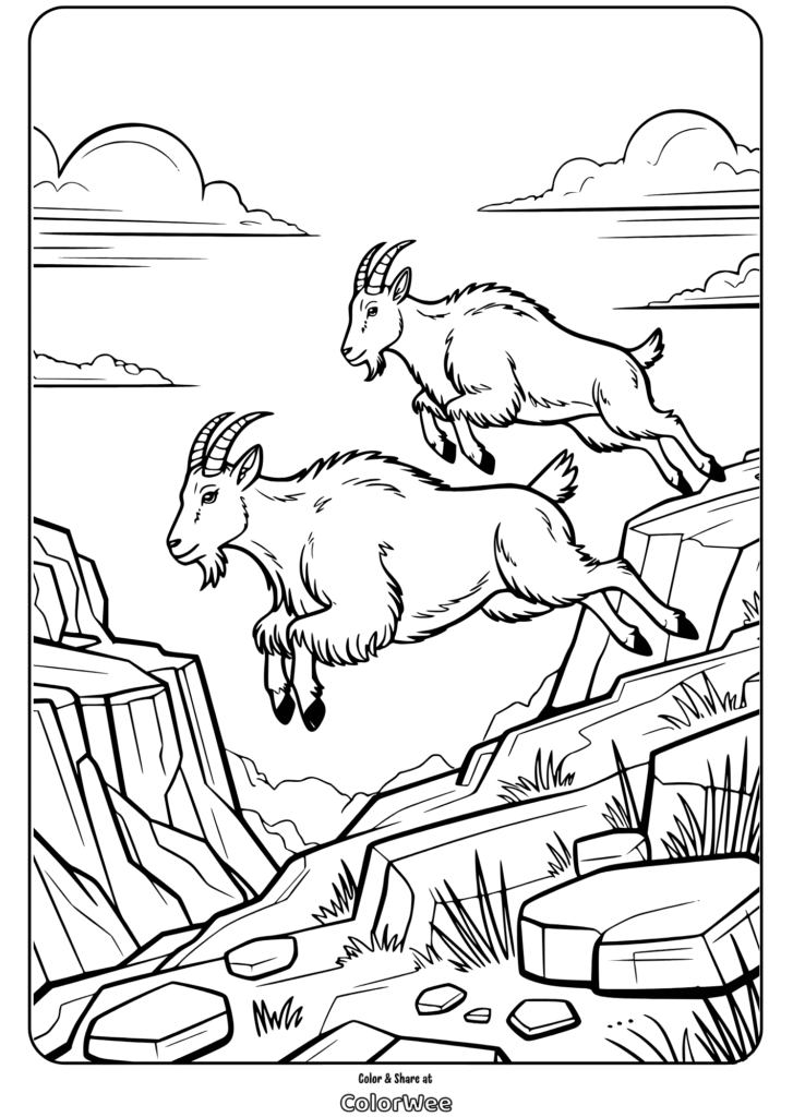Mountain goats leaping on rocky terrain coloring page