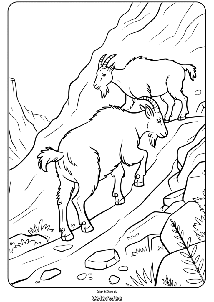 Mountain goats climbing rocky terrain coloring page.