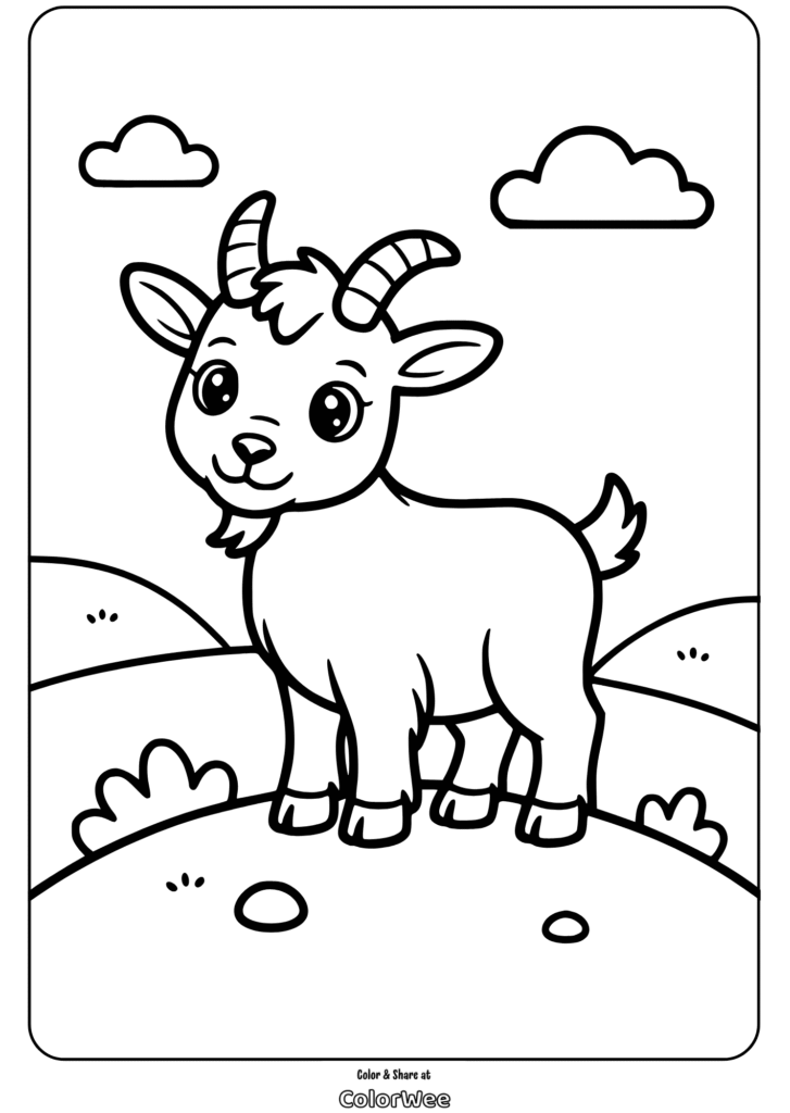 Cute goat coloring page for kids, perfect animal art activity.
