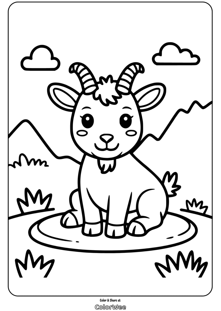 Cute goat coloring page for kids in mountains.