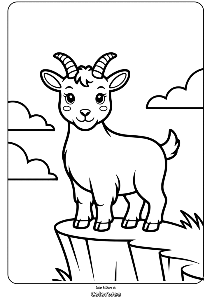 Young goat on a hill coloring page with clouds in background.