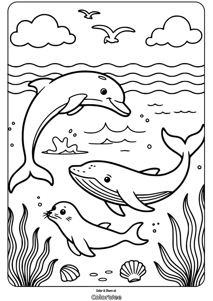 Underwater scene with dolphin, whale, and seal for coloring.