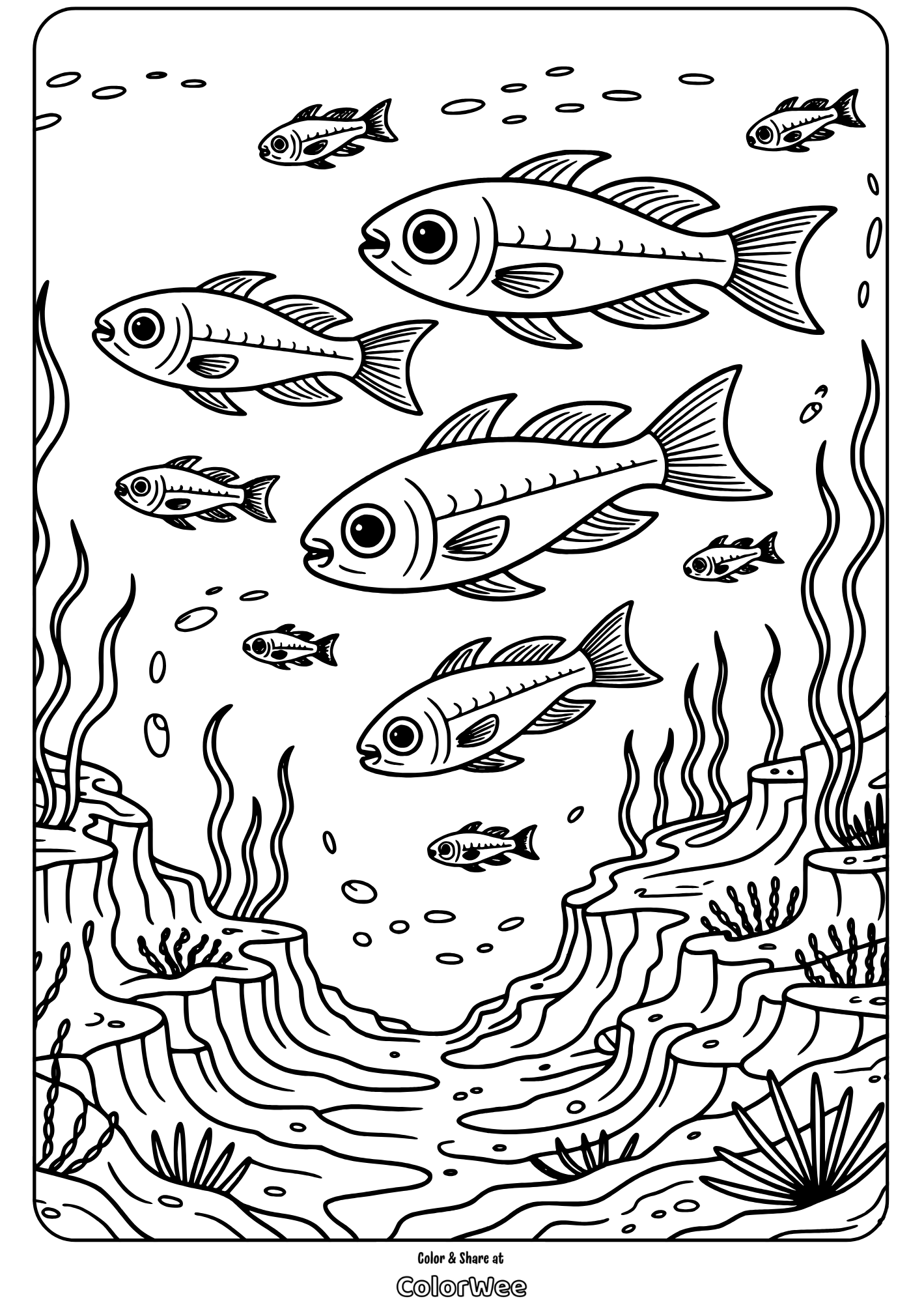 Coloring page of fish swimming in an underwater ocean scene.