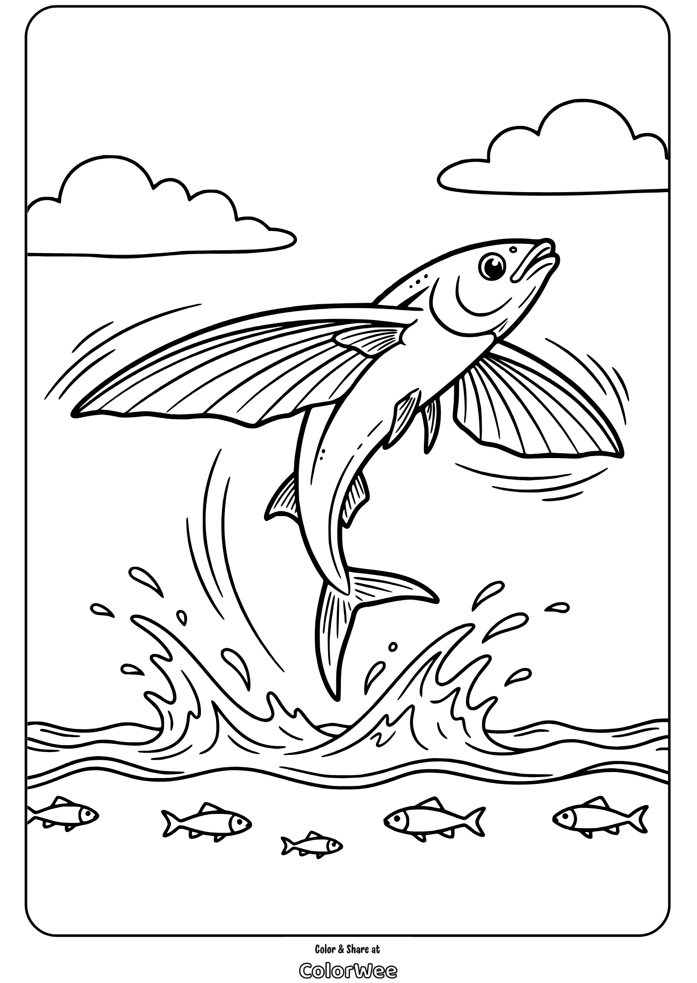 Flying fish leaping out of waves coloring page for kids