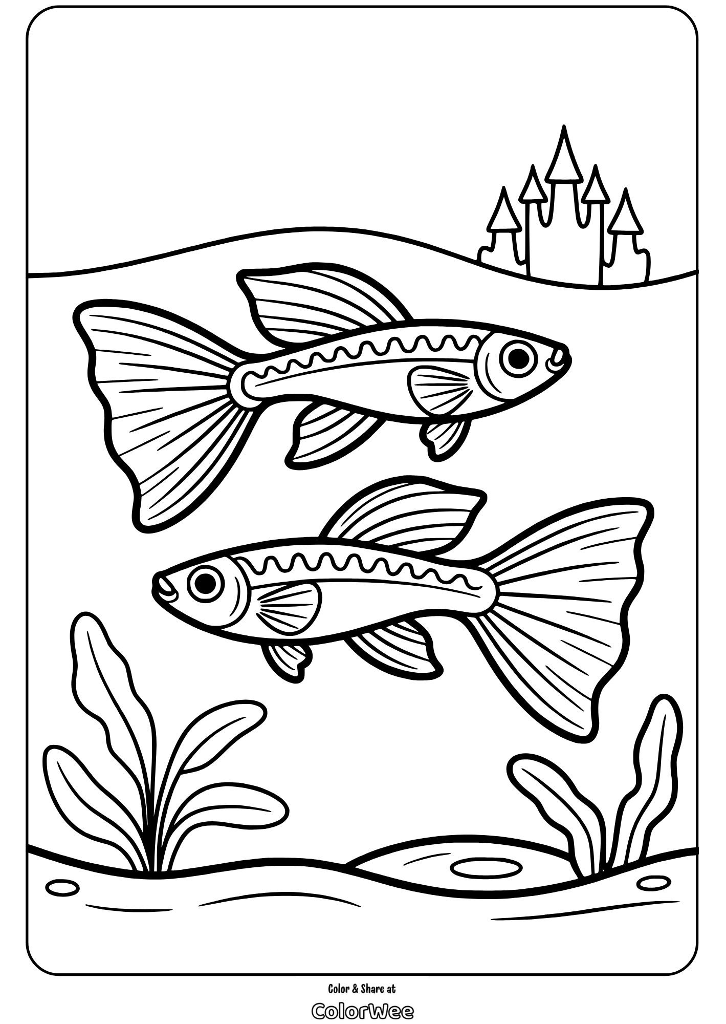 Two guppies swim by an underwater castle coloring page.