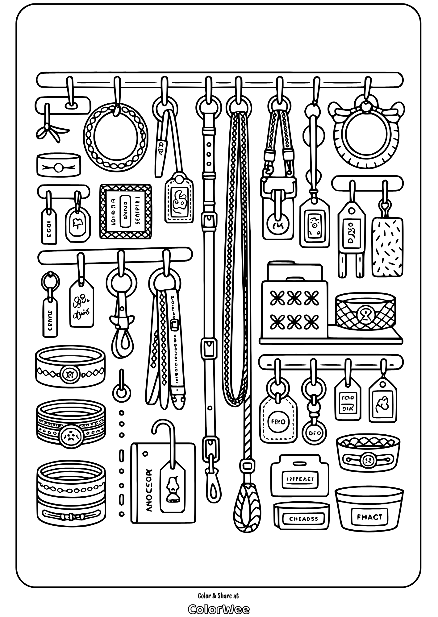 Diverse pet collars and leashes on a coloring page for creativity.