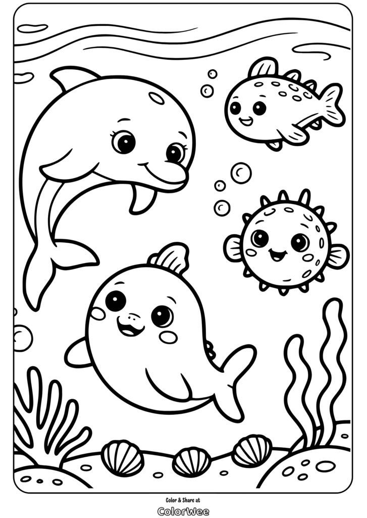 Underwater animals coloring page with dolphin and friends.