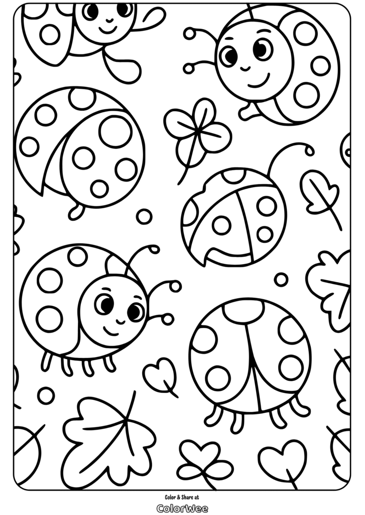Cute ladybugs and leaves coloring page for kids.
