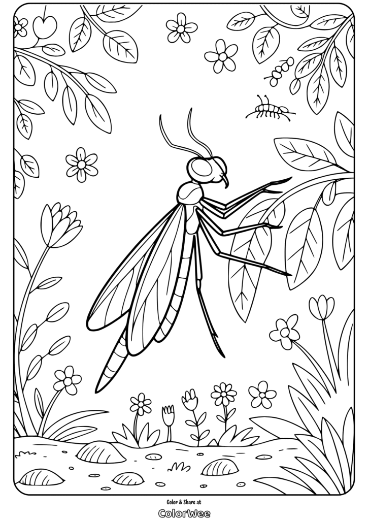 playing mantis flying insect garden coloring page Praying mantis coloring page with flowers and leaves.
