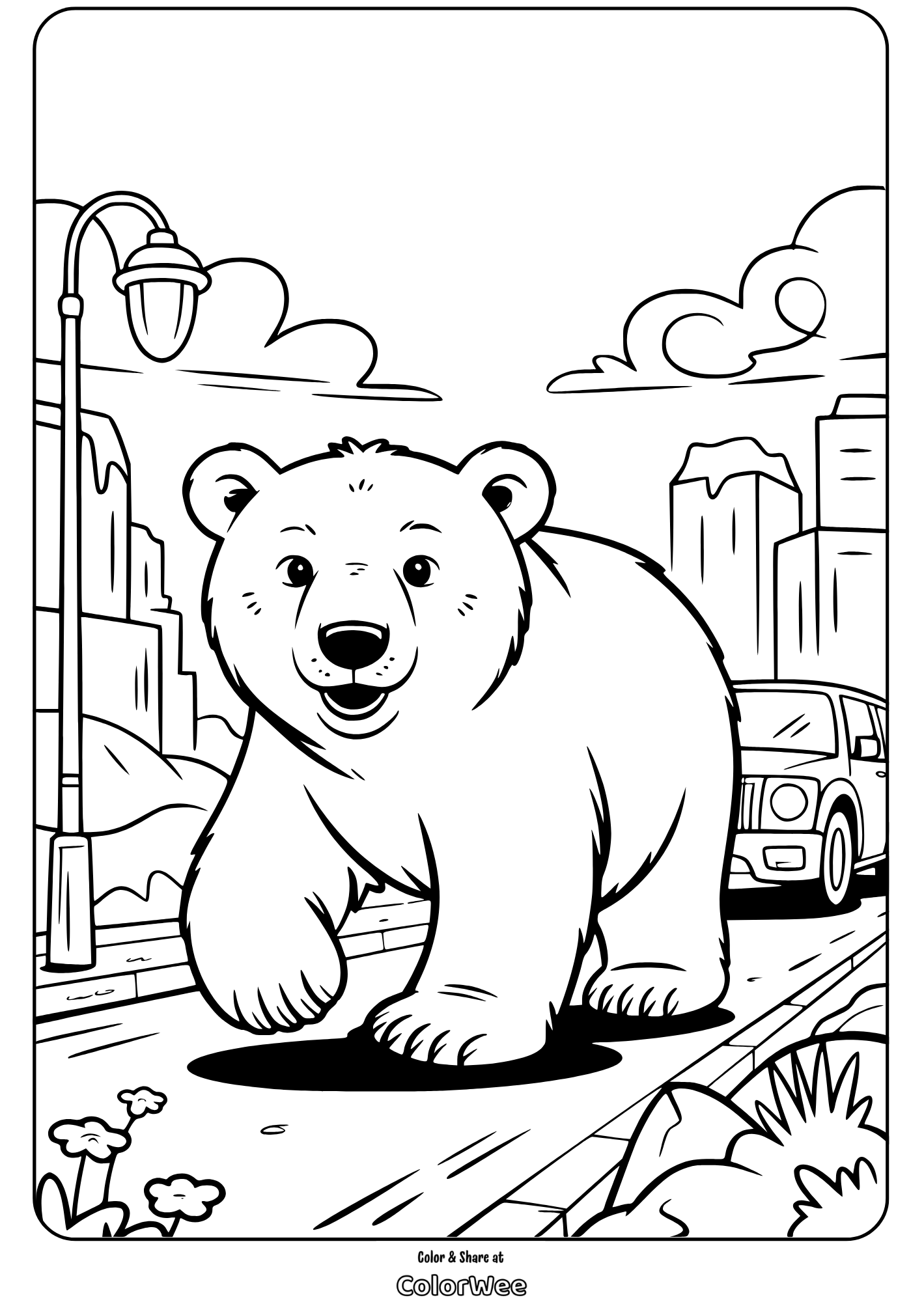 Polar bear walking in city street, coloring page for kids.