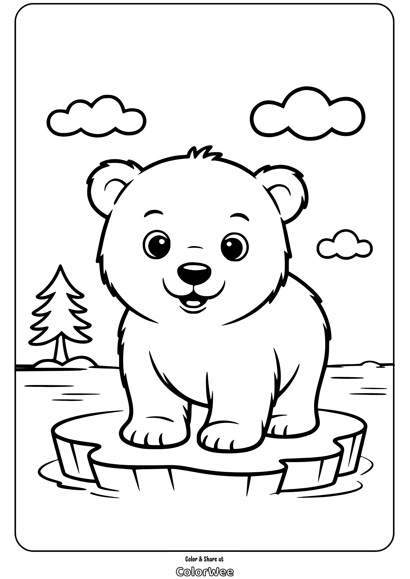 Cute bear cub coloring page with clouds and trees.