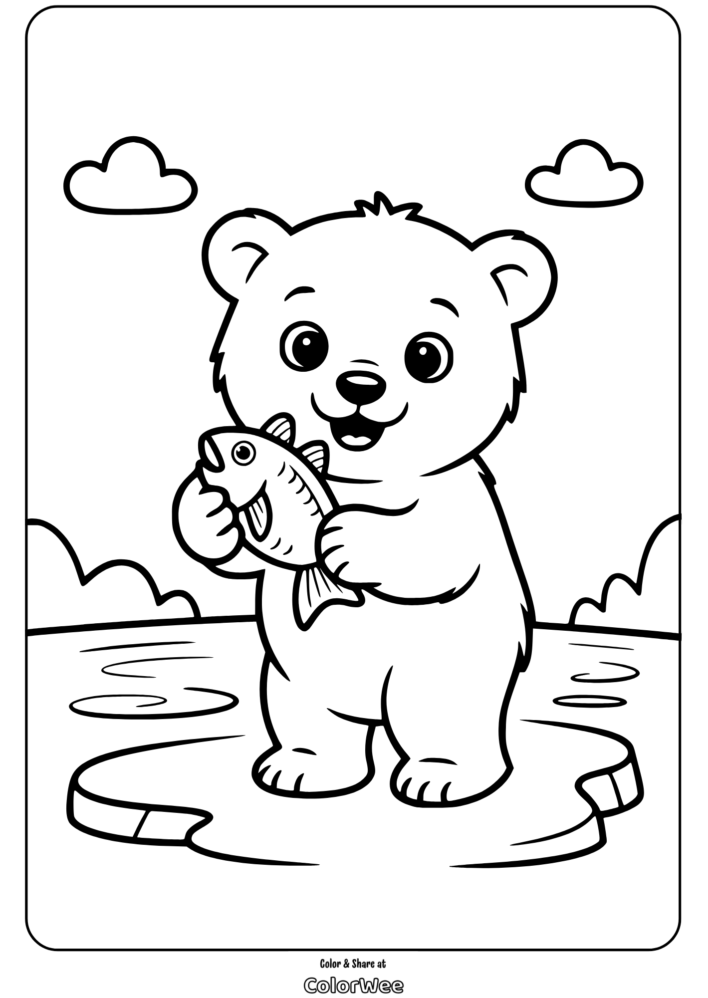 Cute bear catching a fish coloring page for kids fun.