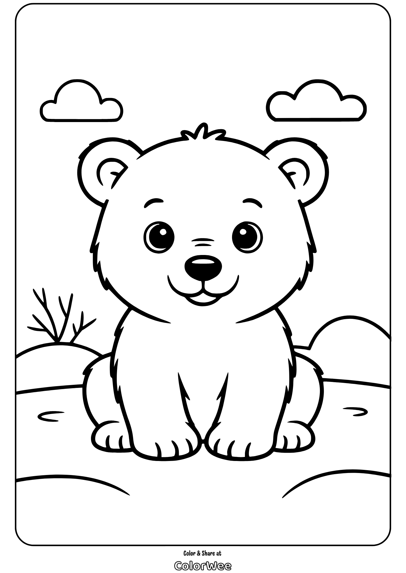 Cute bear cub coloring page with clouds and nature background.