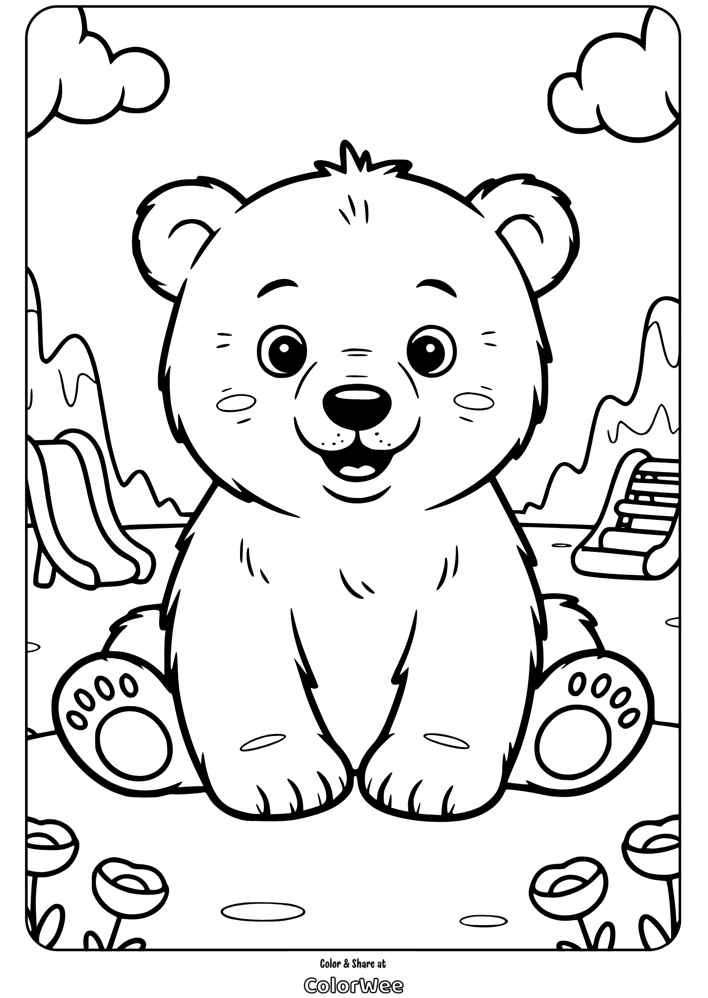 Cute bear cub coloring page for kids - outdoor scene with slide and clouds.