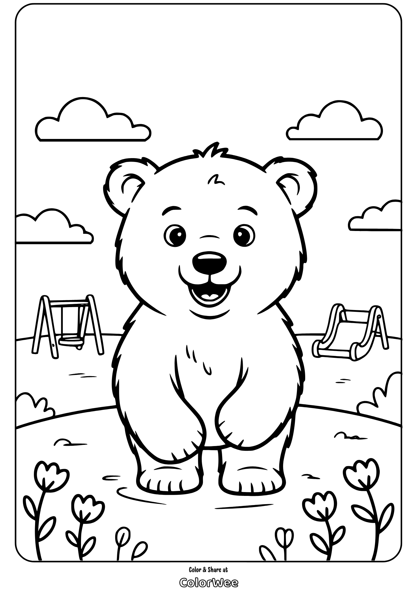 Happy bear in a playground coloring page with swings and flowers.