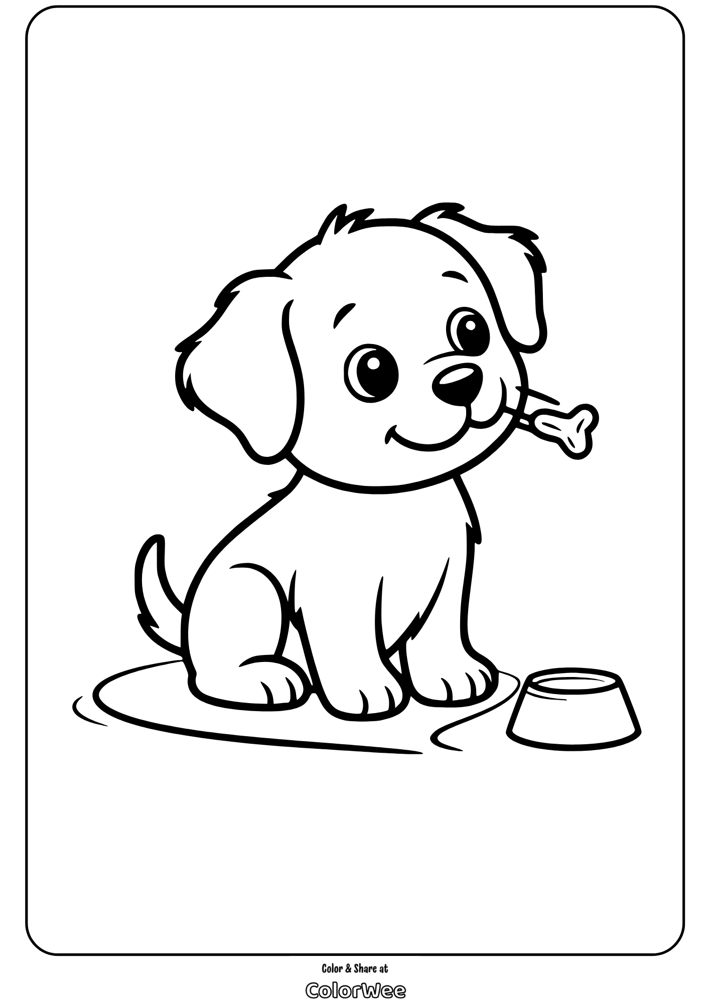 Cute puppy coloring page with bone and bowl. Fun for kids.