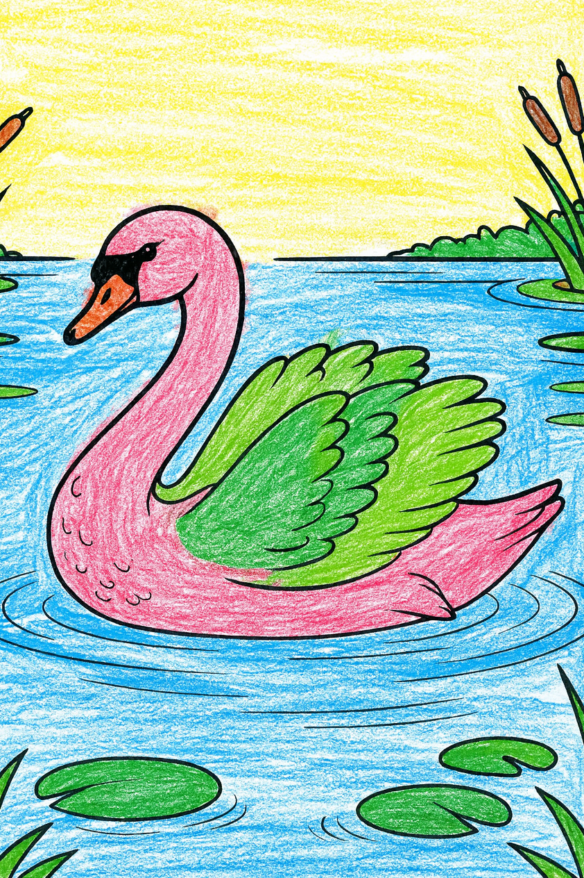 Colorful swan in a pond with vibrant sunset background coloring page