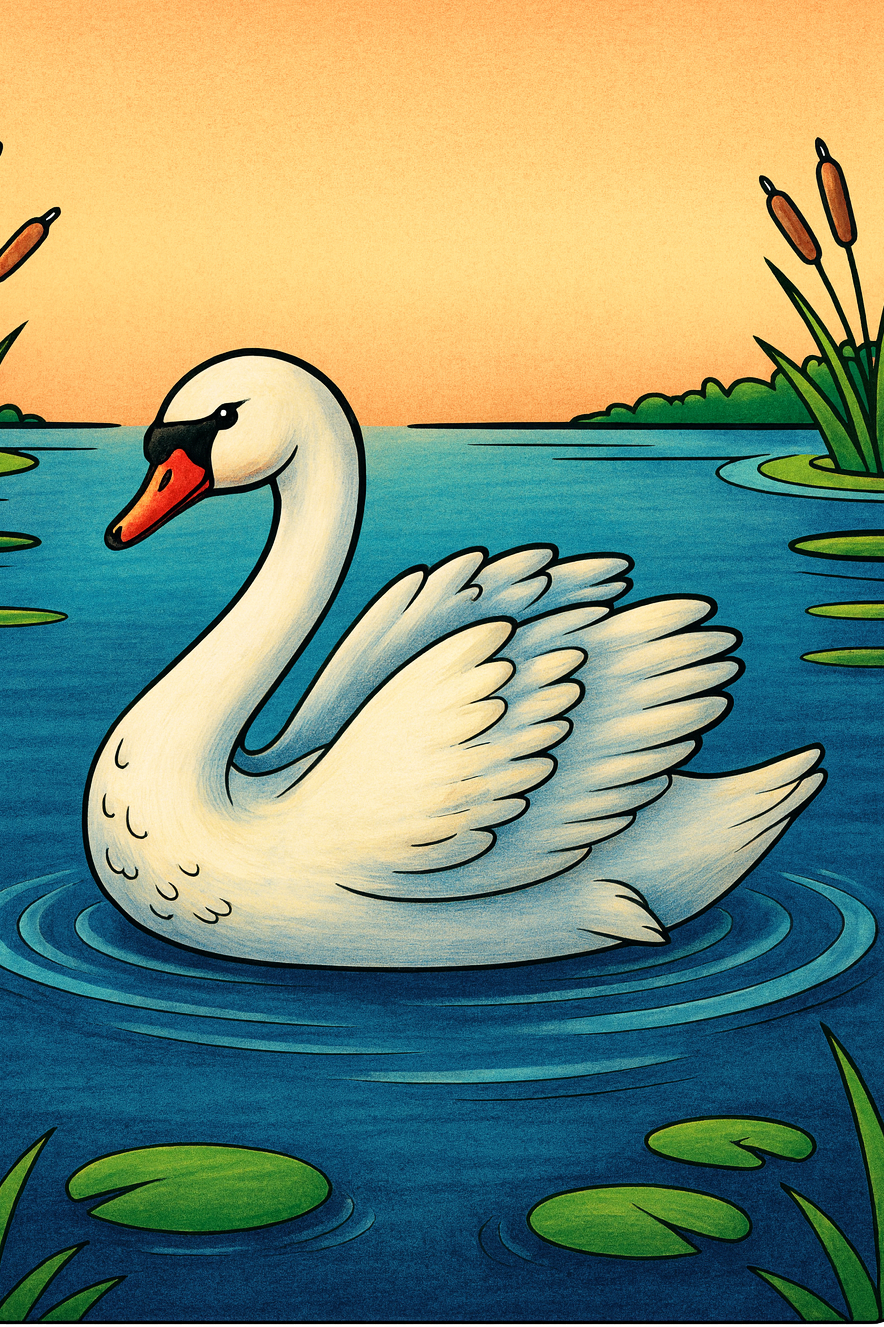 Swan coloring page in tranquil pond with lily pads and cattails.