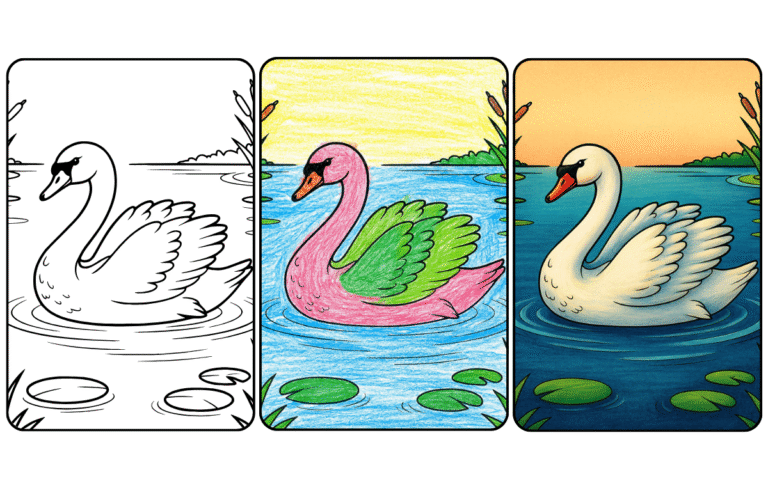 Three swans in different coloring stages on a lake coloring page.