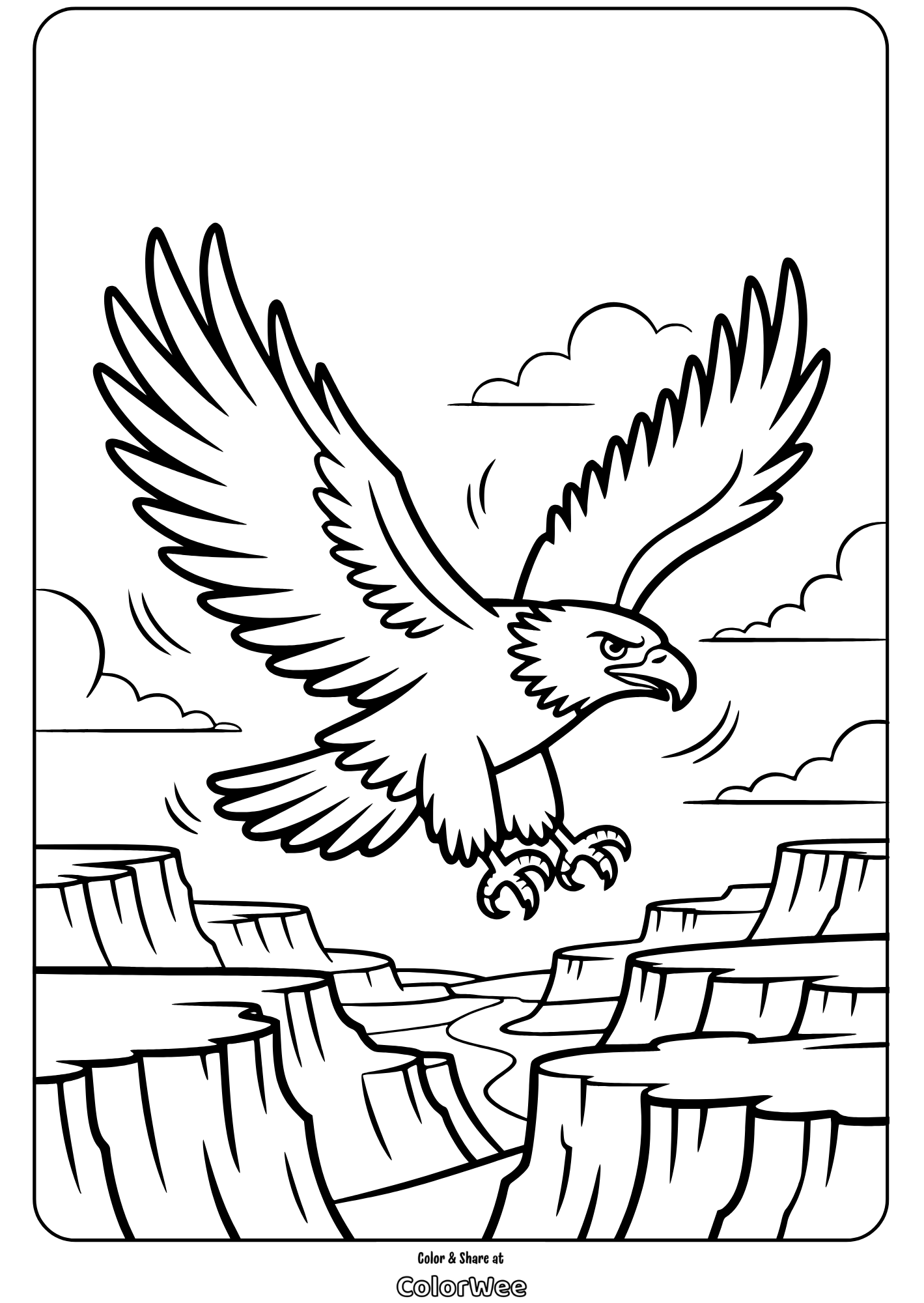 Eagle soaring over canyon coloring page for kids to print and color