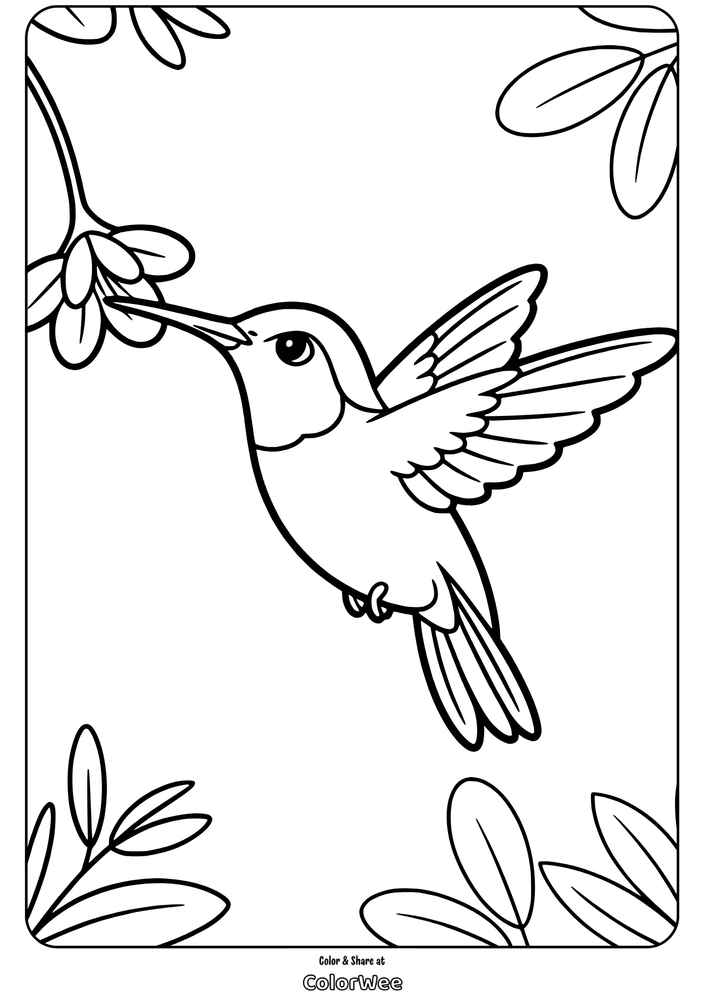 Hummingbird coloring page with flowers and leaves.