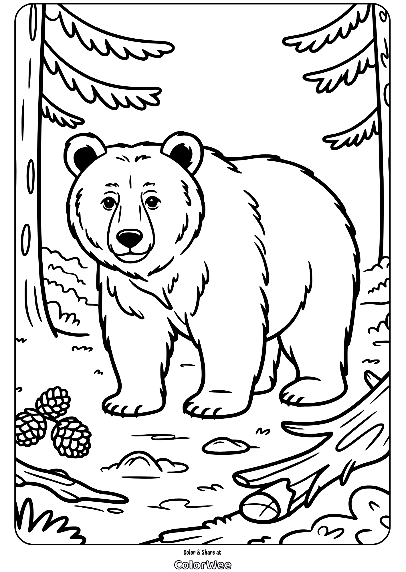 Bear in forest coloring page with trees and pinecones.