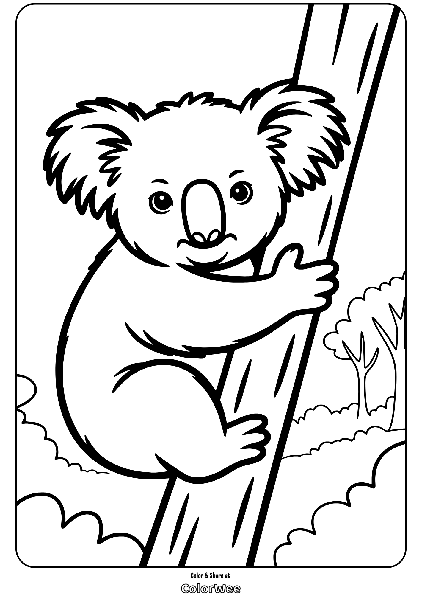 Koala coloring page: cute koala on a tree branch in the wild.