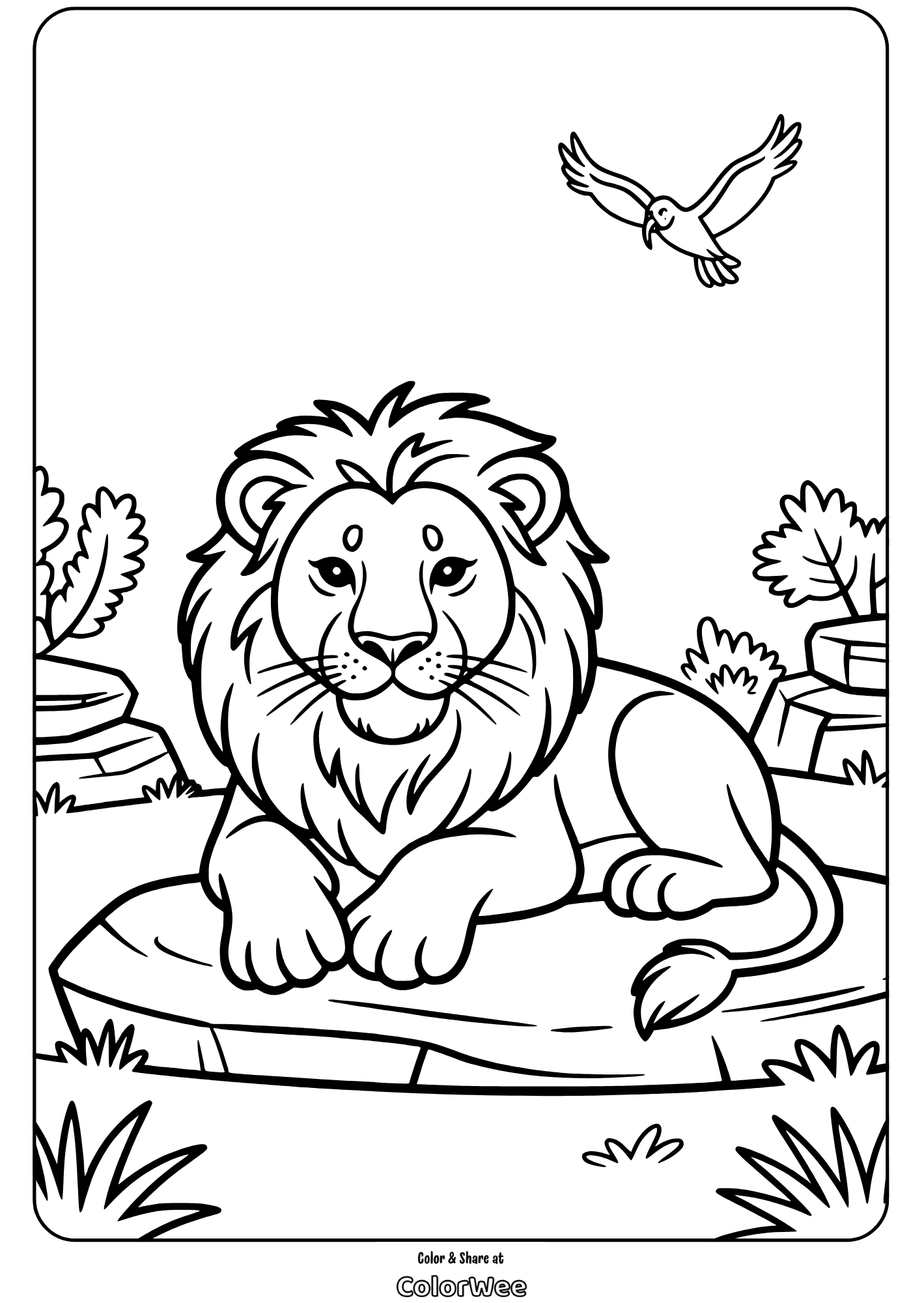 Lion resting on rock coloring page with bird in sky.