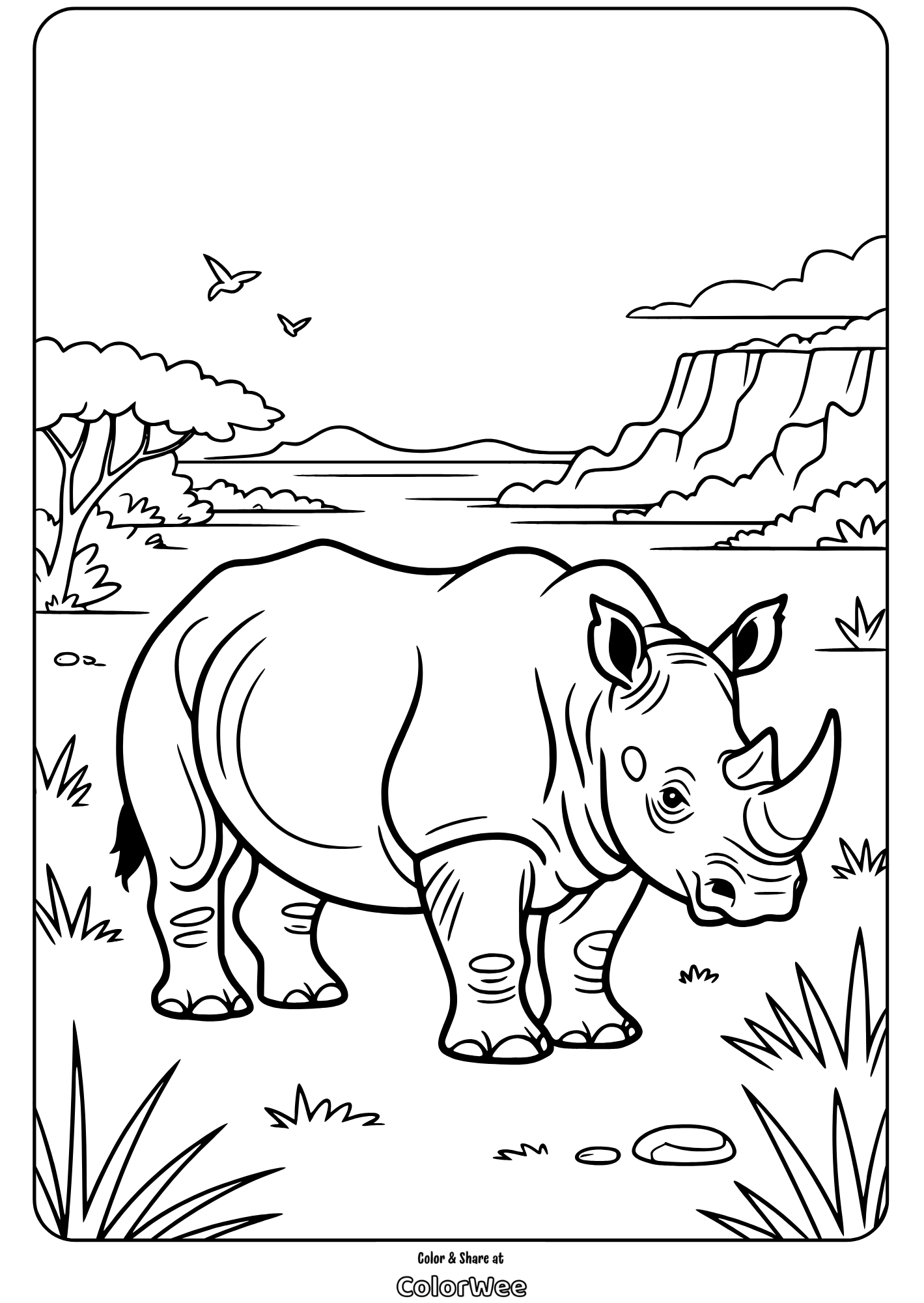 Rhino coloring page in a savannah landscape